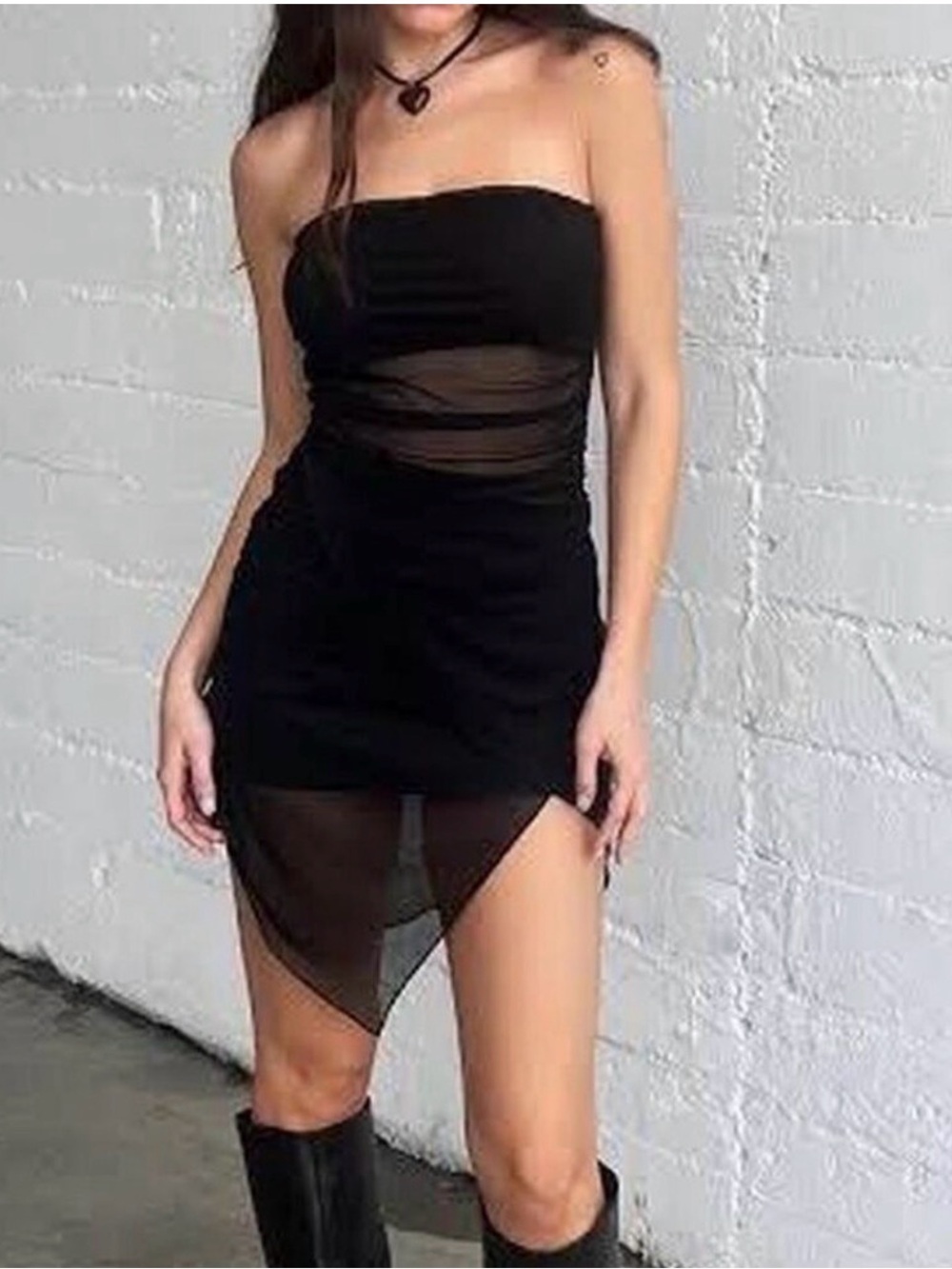 Tiger Mist Black Strapless Mesh-Panel Mini Dress